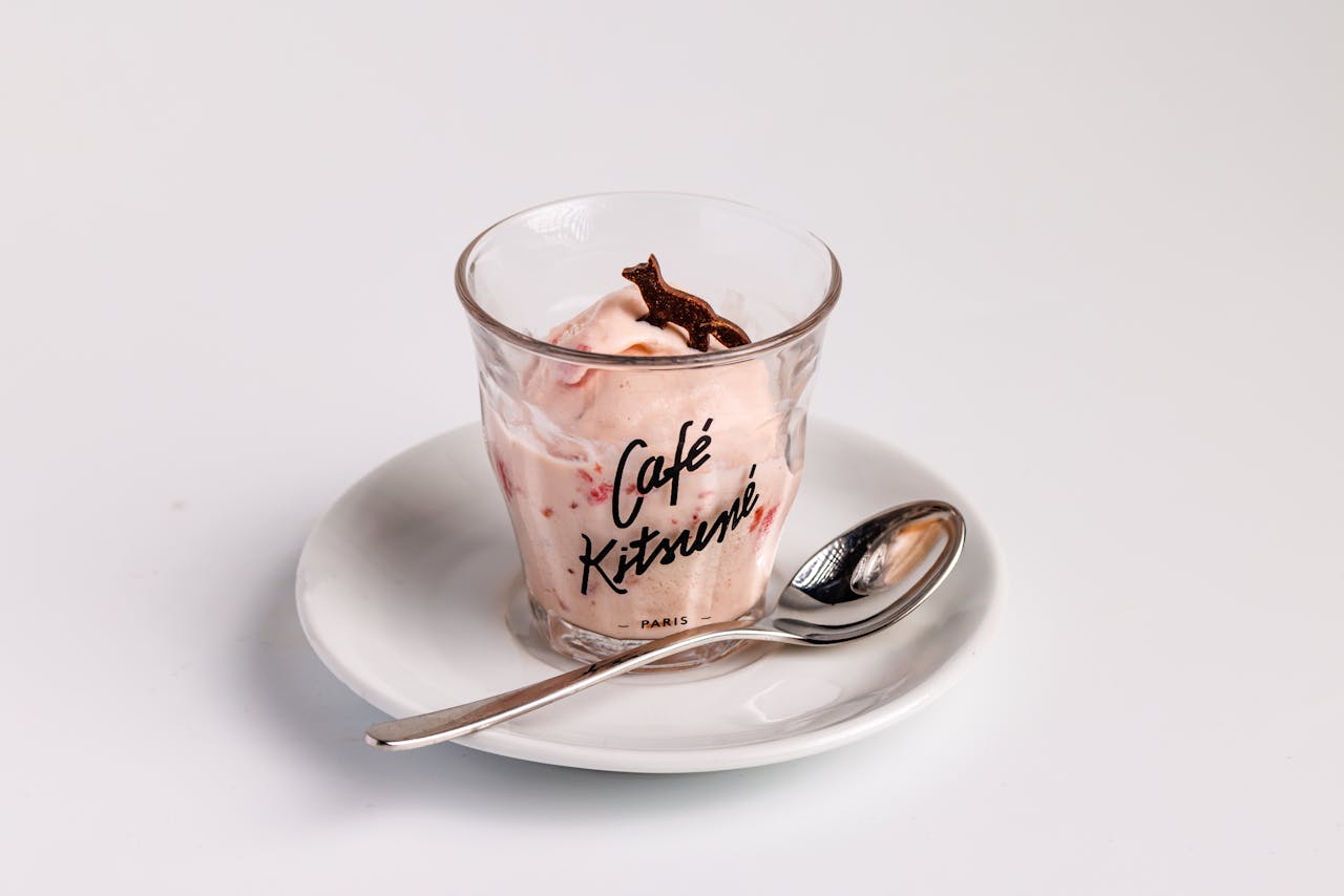 Elegant Café Kitsuné glass with gourmet ice cream, perfect for dessert lovers.